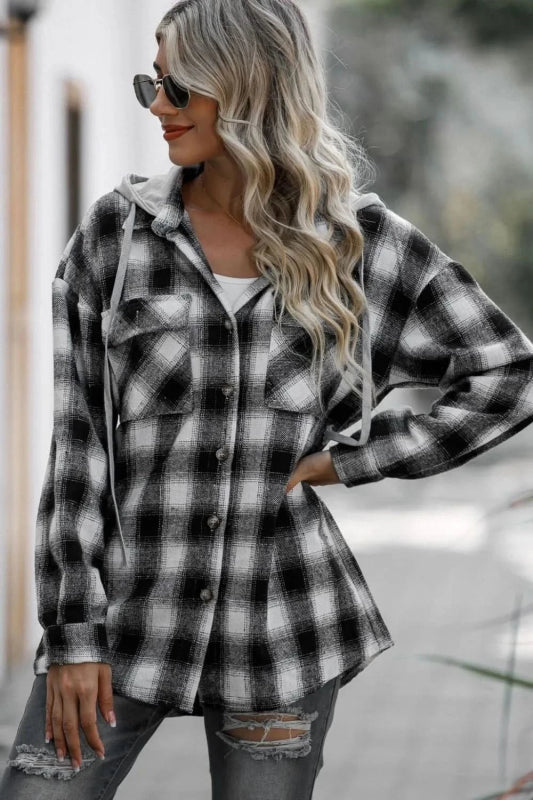 Double Take Drawstring Plaid Long Sleeve Hooded Shacket - ShalayeFashion