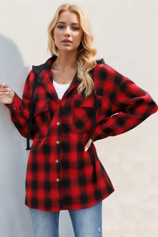 Double Take Drawstring Plaid Long Sleeve Hooded Shacket - ShalayeFashion