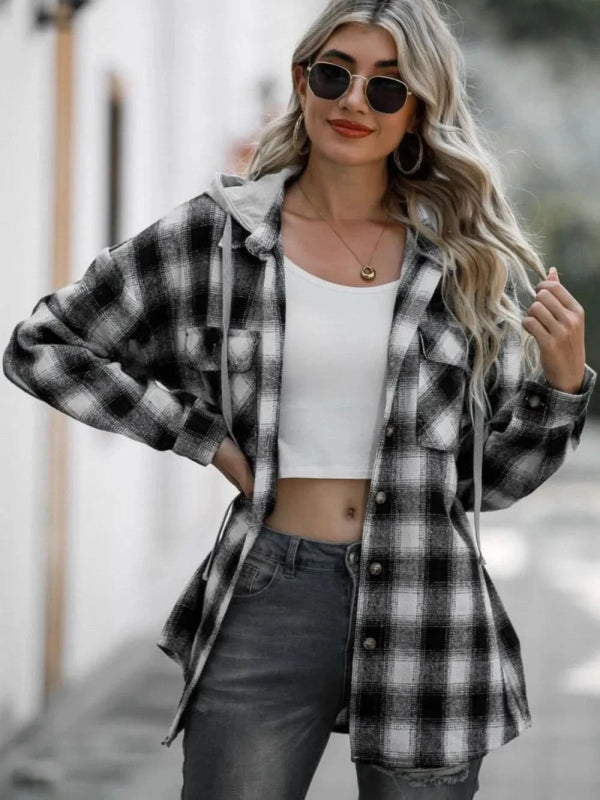 Double Take Drawstring Plaid Long Sleeve Hooded Shacket - ShalayeFashion