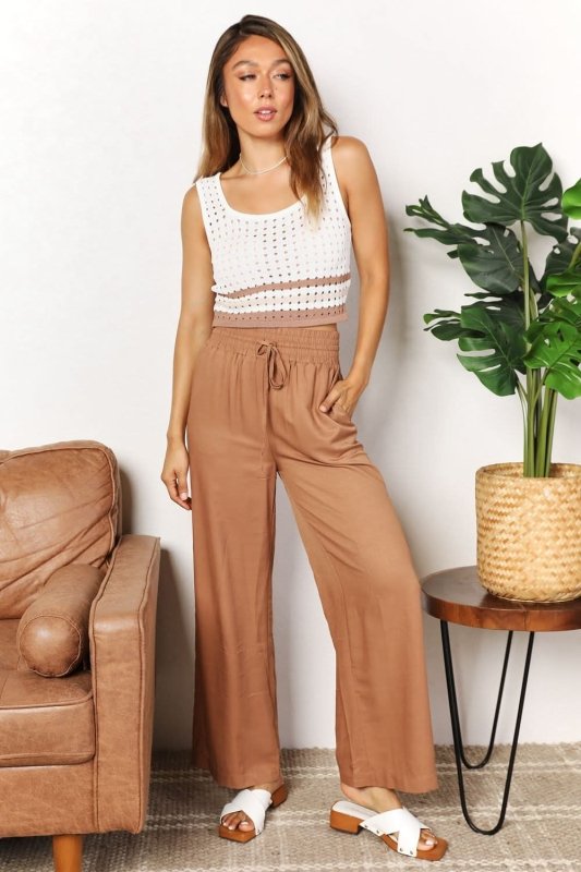 Double Take Drawstring Smocked Waist Wide Leg Pants - ShalayeFashion