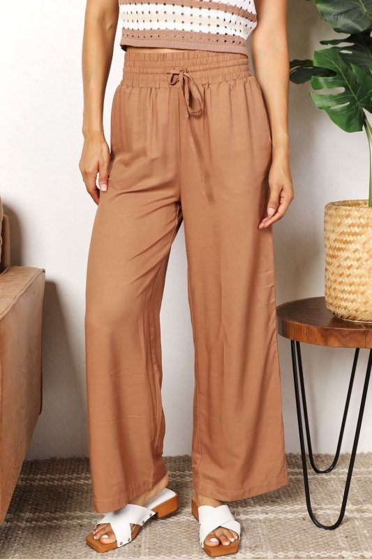 Double Take Drawstring Smocked Waist Wide Leg Pants - ShalayeFashion