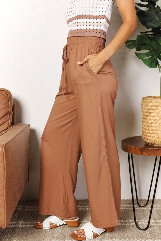 Double Take Drawstring Smocked Waist Wide Leg Pants - ShalayeFashion