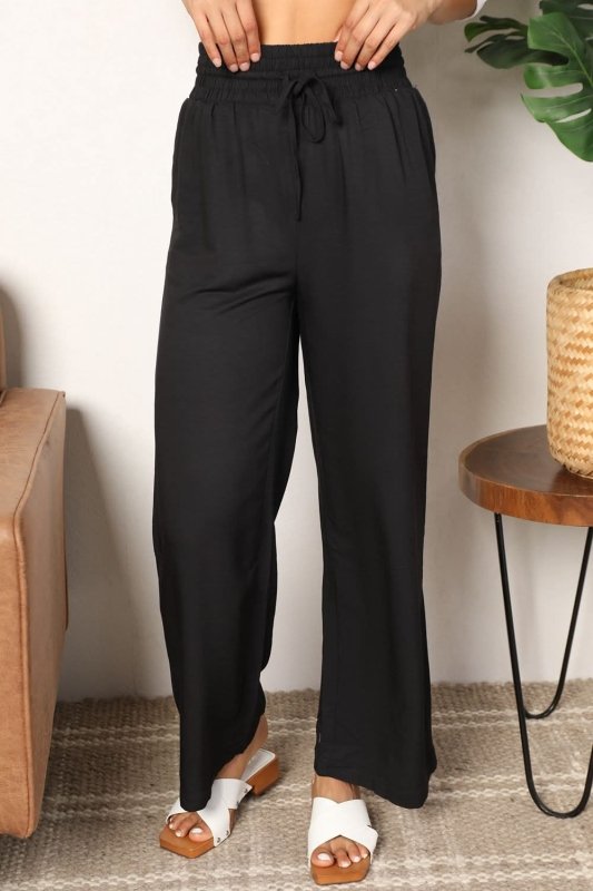 Double Take Drawstring Smocked Waist Wide Leg Pants - ShalayeFashion