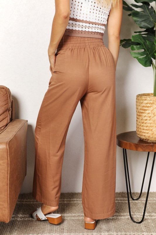 Double Take Drawstring Smocked Waist Wide Leg Pants - ShalayeFashion