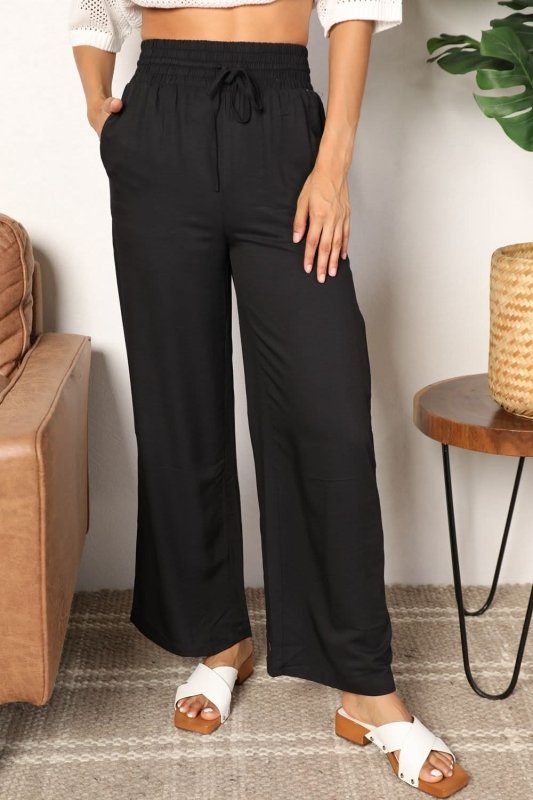 Double Take Drawstring Smocked Waist Wide Leg Pants - ShalayeFashion