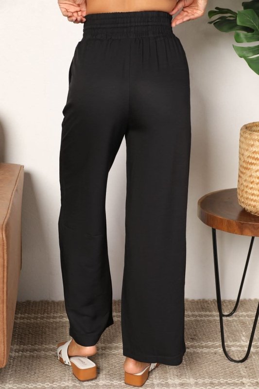 Double Take Drawstring Smocked Waist Wide Leg Pants - ShalayeFashion