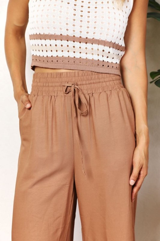 Double Take Drawstring Smocked Waist Wide Leg Pants - ShalayeFashion