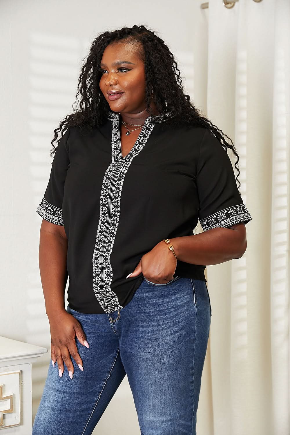 Double Take Embroidered Notched Neck Top - ShalayeFashion