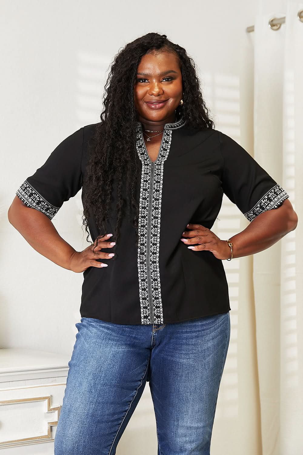 Double Take Embroidered Notched Neck Top - ShalayeFashion