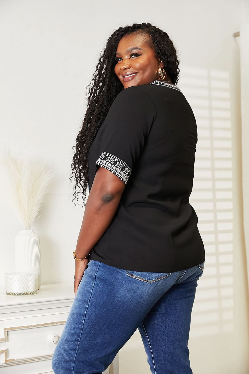 Double Take Embroidered Notched Neck Top - ShalayeFashion