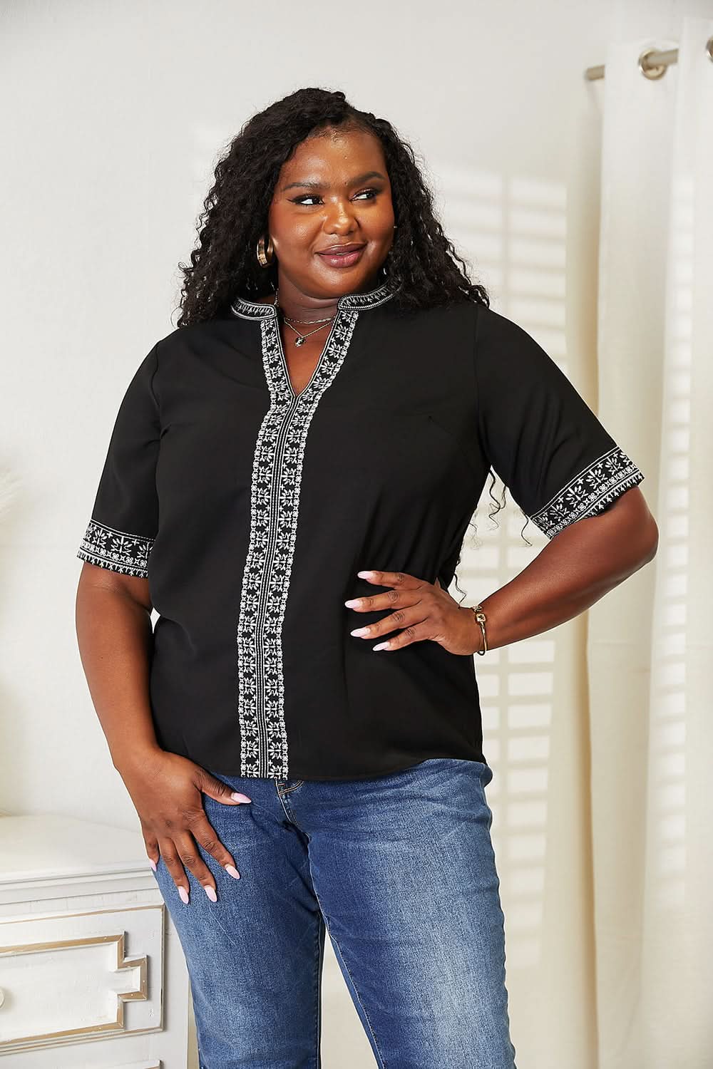 Double Take Embroidered Notched Neck Top - ShalayeFashion