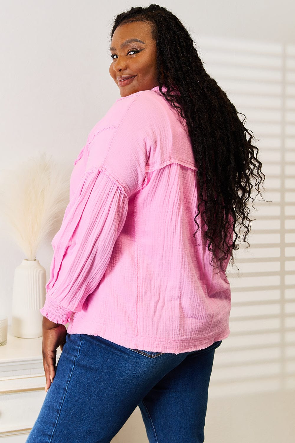 Double Take Exposed Seam Buttoned Notched Neck Blouse - ShalayeFashion
