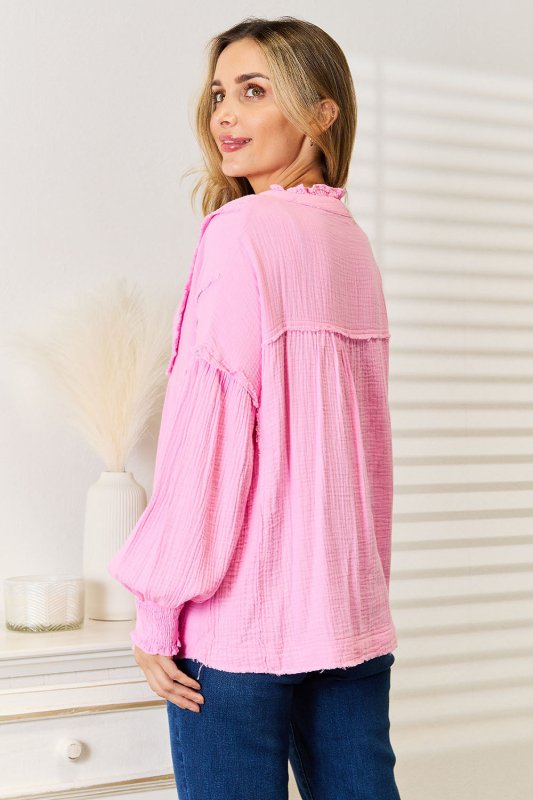 Double Take Exposed Seam Buttoned Notched Neck Blouse - ShalayeFashion