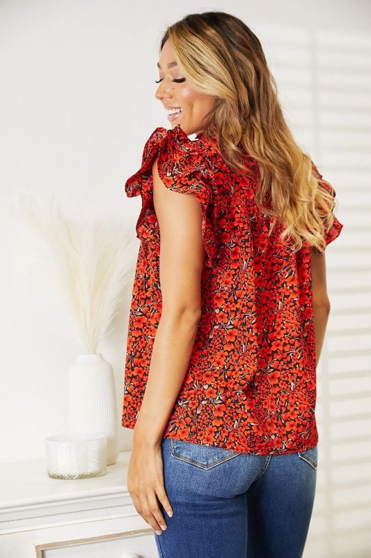 Double Take Floral Flutter Sleeve Notched Neck Blouse - ShalayeFashion