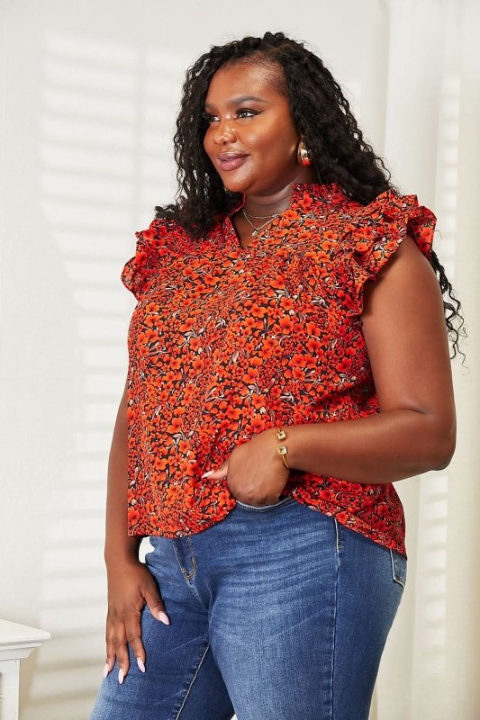 Double Take Floral Flutter Sleeve Notched Neck Blouse - ShalayeFashion
