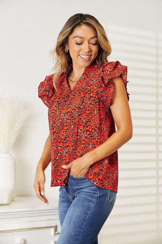 Double Take Floral Flutter Sleeve Notched Neck Blouse - ShalayeFashion