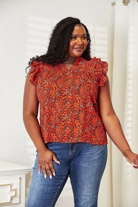Double Take Floral Flutter Sleeve Notched Neck Blouse - ShalayeFashion