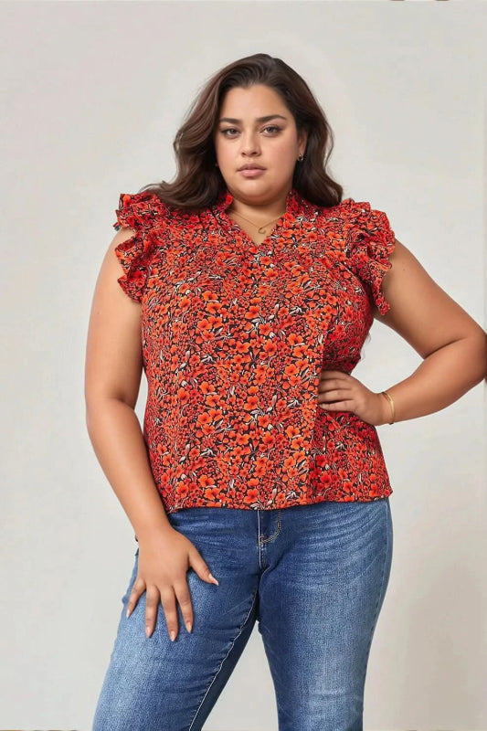 Double Take Floral Flutter Sleeve Notched Neck Blouse - ShalayeFashion