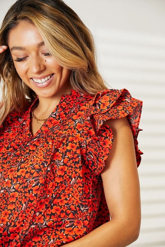 Double Take Floral Flutter Sleeve Notched Neck Blouse - ShalayeFashion