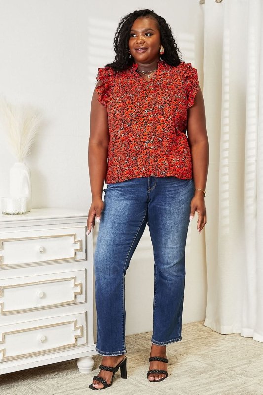 Double Take Floral Flutter Sleeve Notched Neck Blouse - ShalayeFashion