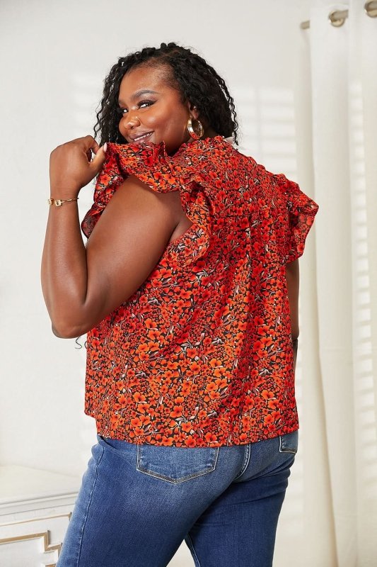 Double Take Floral Flutter Sleeve Notched Neck Blouse - ShalayeFashion
