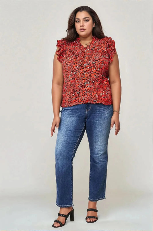 Double Take Floral Flutter Sleeve Notched Neck Blouse - ShalayeFashion