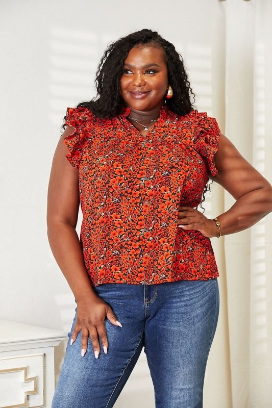 Double Take Floral Flutter Sleeve Notched Neck Blouse - ShalayeFashion