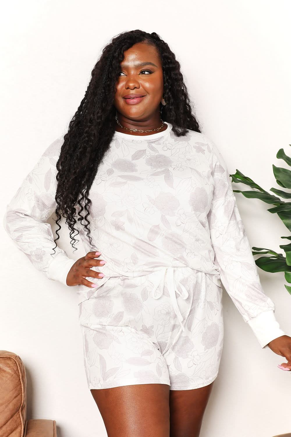 Double Take Floral Long Sleeve Top and Shorts Loungewear Set - ShalayeFashion