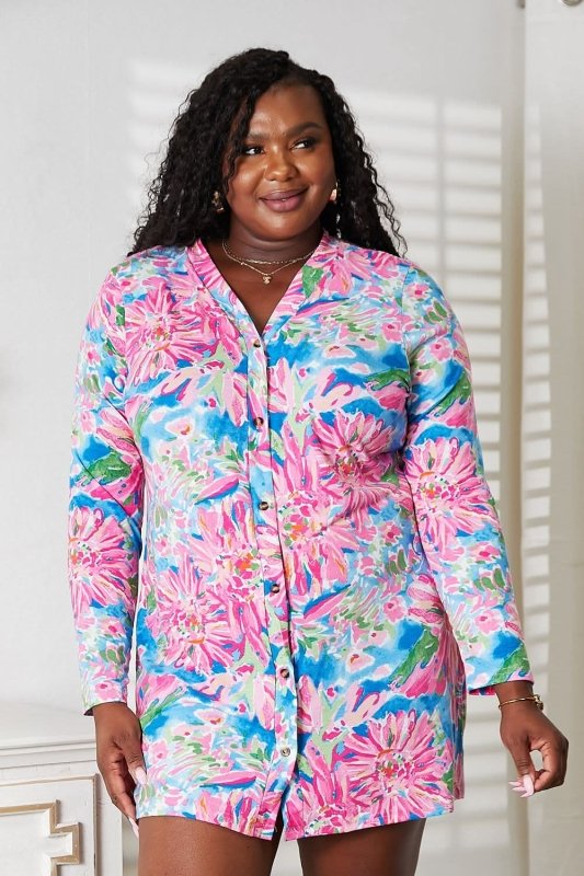 Double Take Floral Open Front Long Sleeve Cardigan - ShalayeFashion