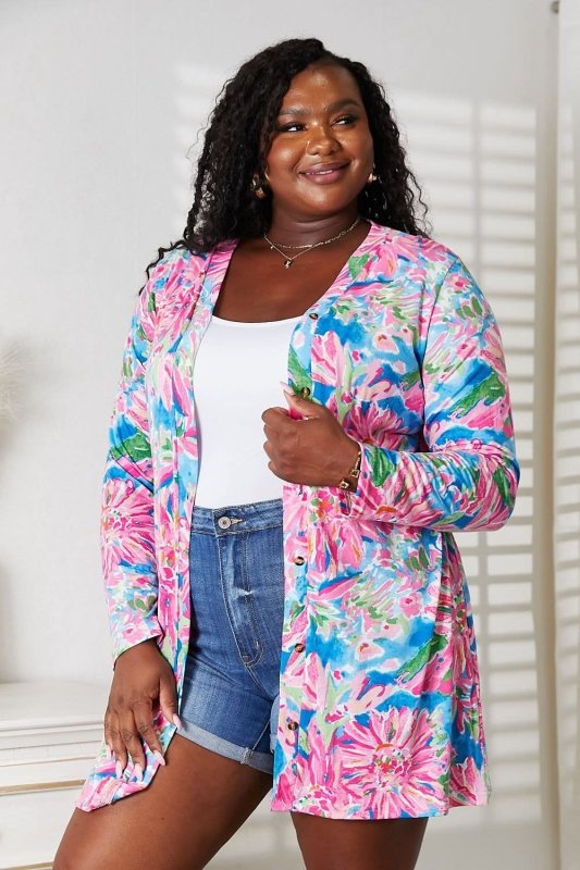 Double Take Floral Open Front Long Sleeve Cardigan - ShalayeFashion