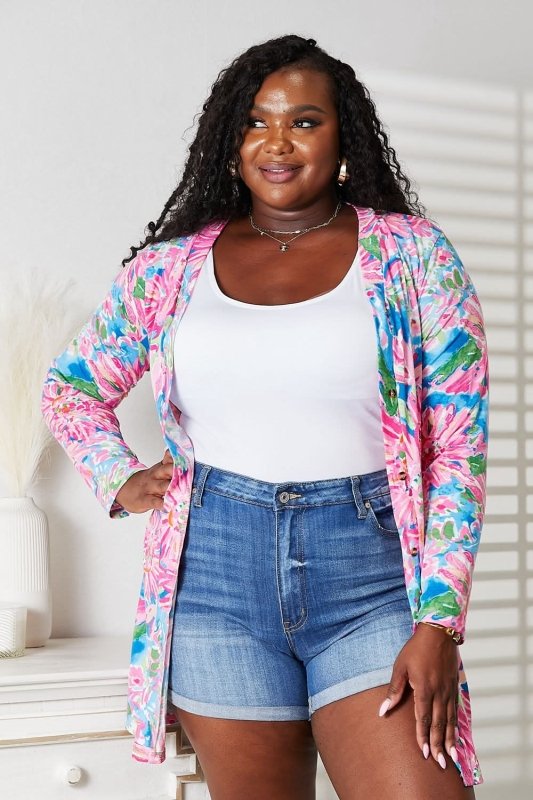 Double Take Floral Open Front Long Sleeve Cardigan - ShalayeFashion