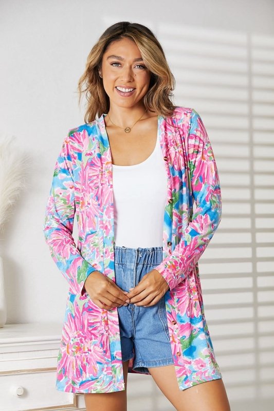 Double Take Floral Open Front Long Sleeve Cardigan - ShalayeFashion