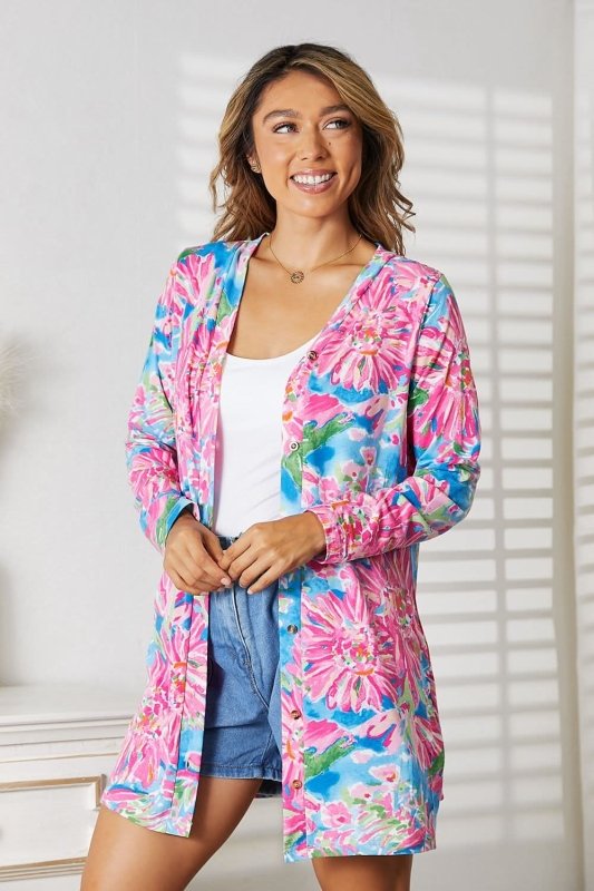 Double Take Floral Open Front Long Sleeve Cardigan - ShalayeFashion