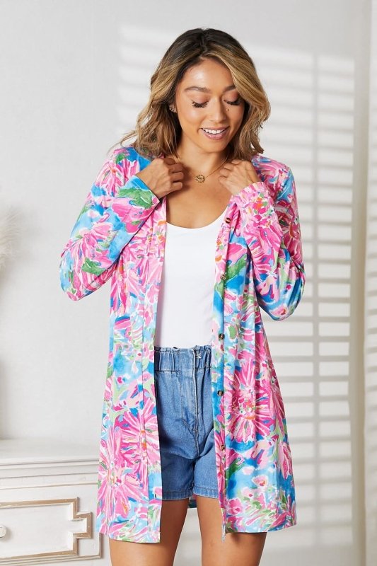 Double Take Floral Open Front Long Sleeve Cardigan - ShalayeFashion