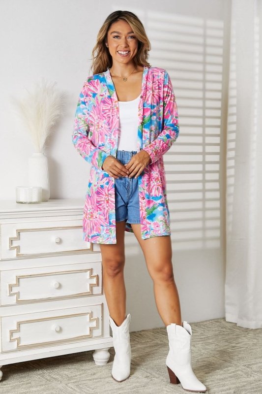 Double Take Floral Open Front Long Sleeve Cardigan - ShalayeFashion