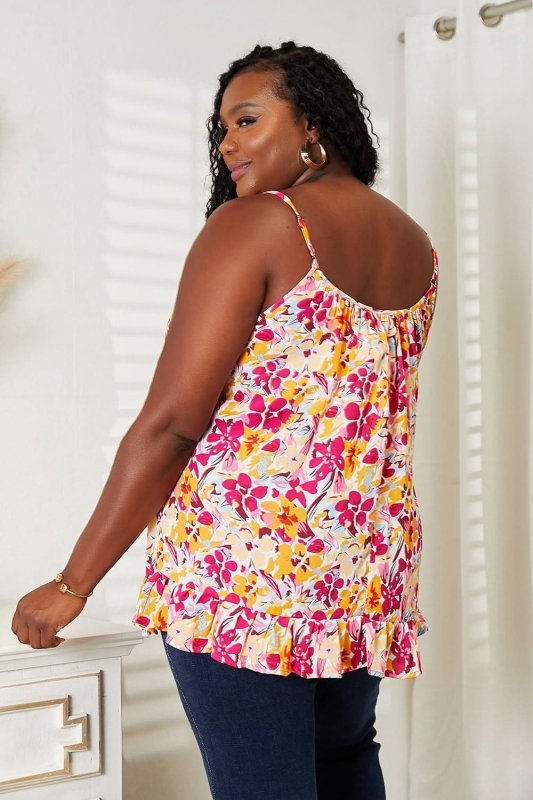 Double Take Floral Scoop Neck Ruffle Hem Cami - ShalayeFashion
