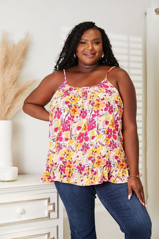 Double Take Floral Scoop Neck Ruffle Hem Cami - ShalayeFashion