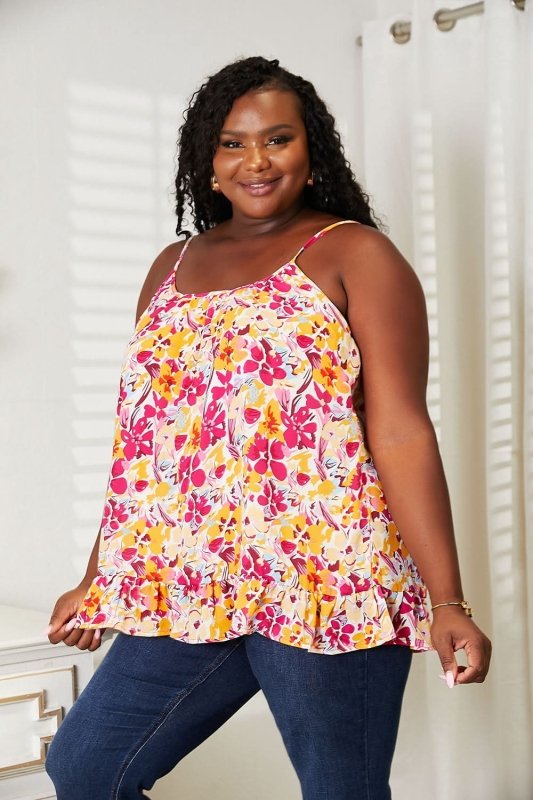 Double Take Floral Scoop Neck Ruffle Hem Cami - ShalayeFashion