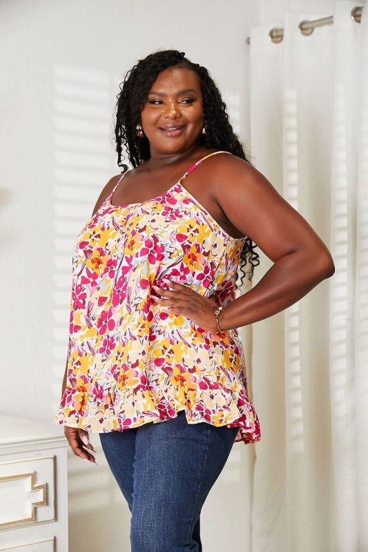 Double Take Floral Scoop Neck Ruffle Hem Cami - ShalayeFashion