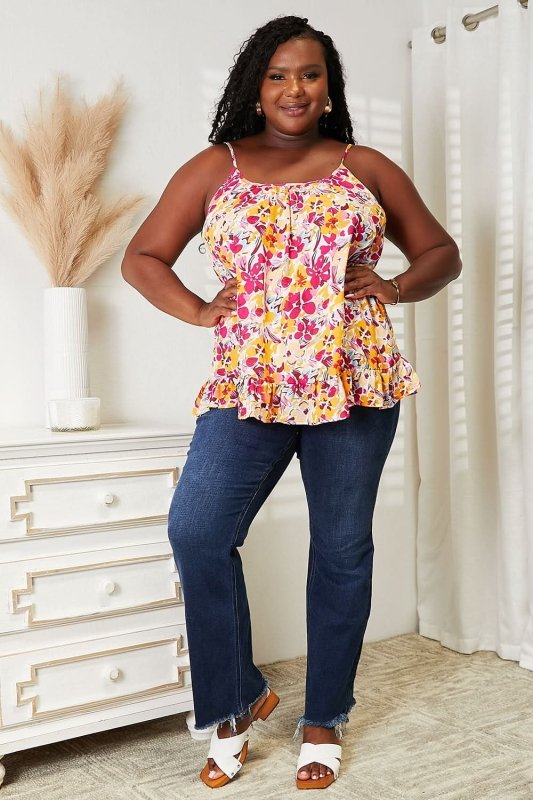 Double Take Floral Scoop Neck Ruffle Hem Cami - ShalayeFashion