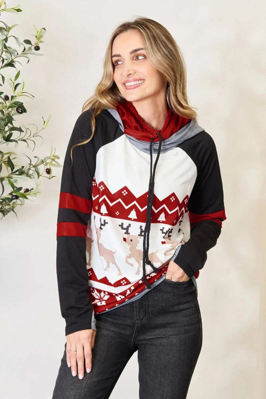 Double Take Full Size Christmas Drawstring Long Sleeve Hoodie - ShalayeFashion