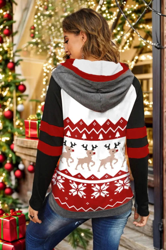 Double Take Full Size Christmas Drawstring Long Sleeve Hoodie - ShalayeFashion