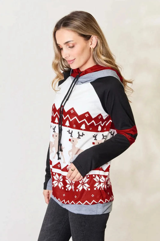 Double Take Full Size Christmas Drawstring Long Sleeve Hoodie - ShalayeFashion