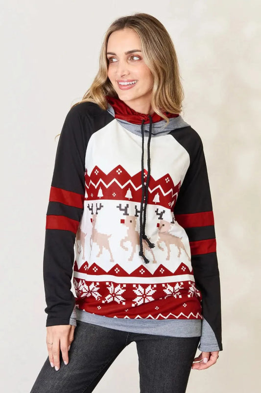Double Take Full Size Christmas Drawstring Long Sleeve Hoodie - ShalayeFashion
