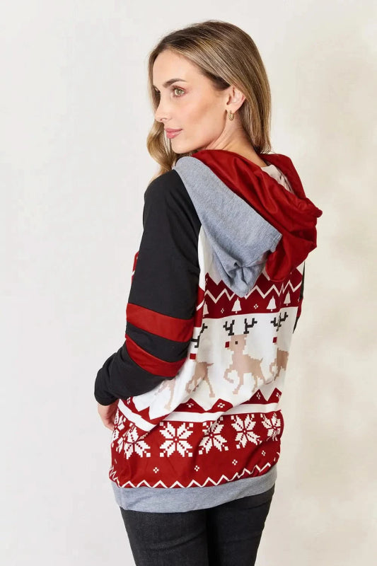 Double Take Full Size Christmas Drawstring Long Sleeve Hoodie - ShalayeFashion