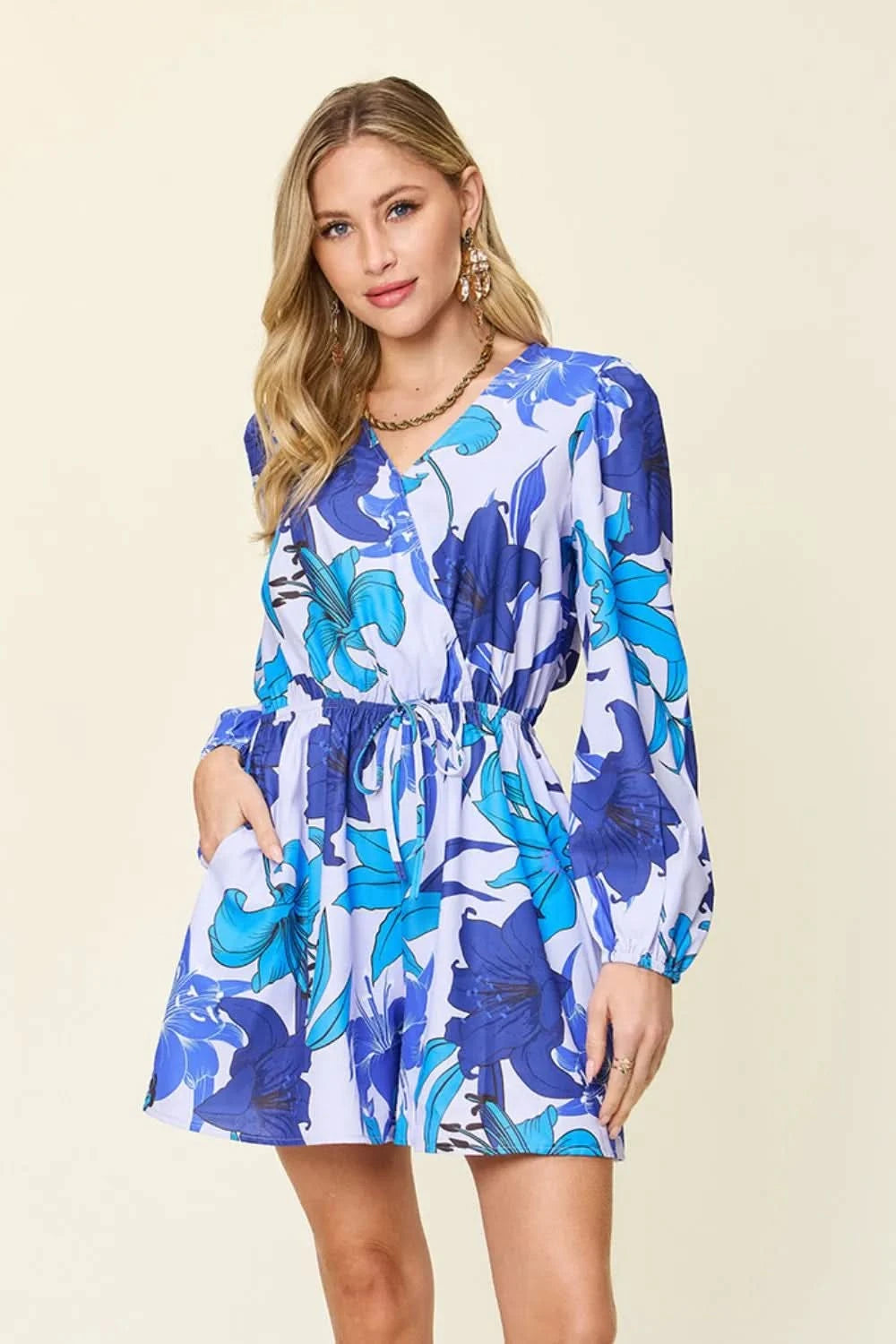 Double Take Full Size Floral Long Sleeve Romper with Pockets - ShalayeFashion
