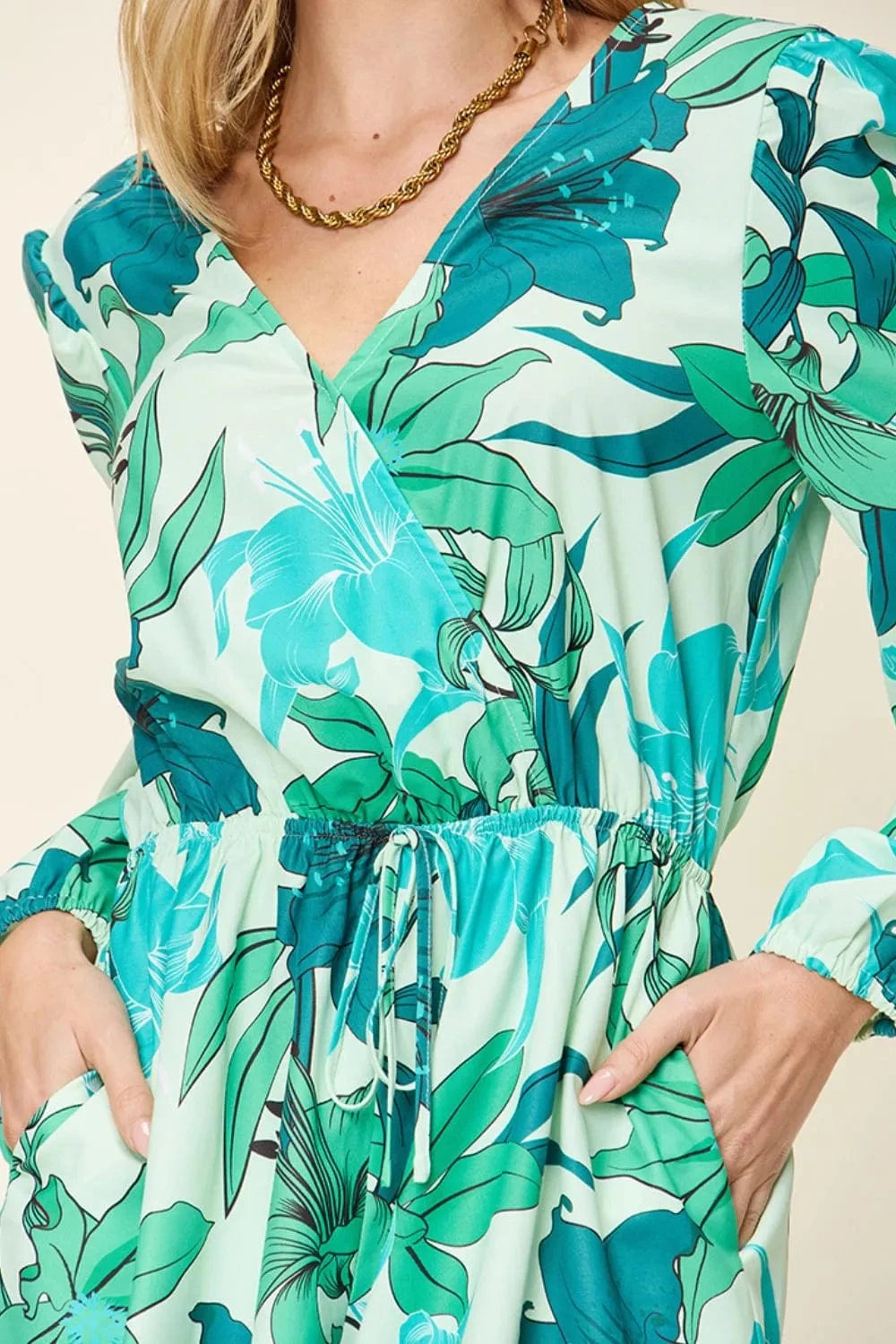Double Take Full Size Floral Long Sleeve Romper with Pockets - ShalayeFashion