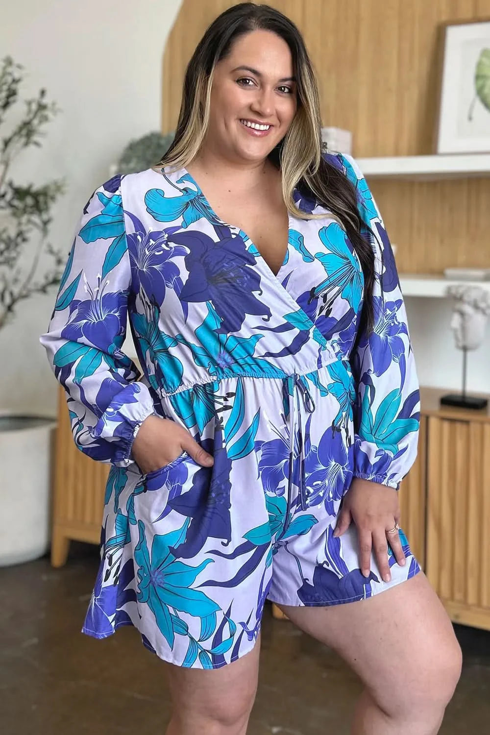 Double Take Full Size Floral Long Sleeve Romper with Pockets - ShalayeFashion