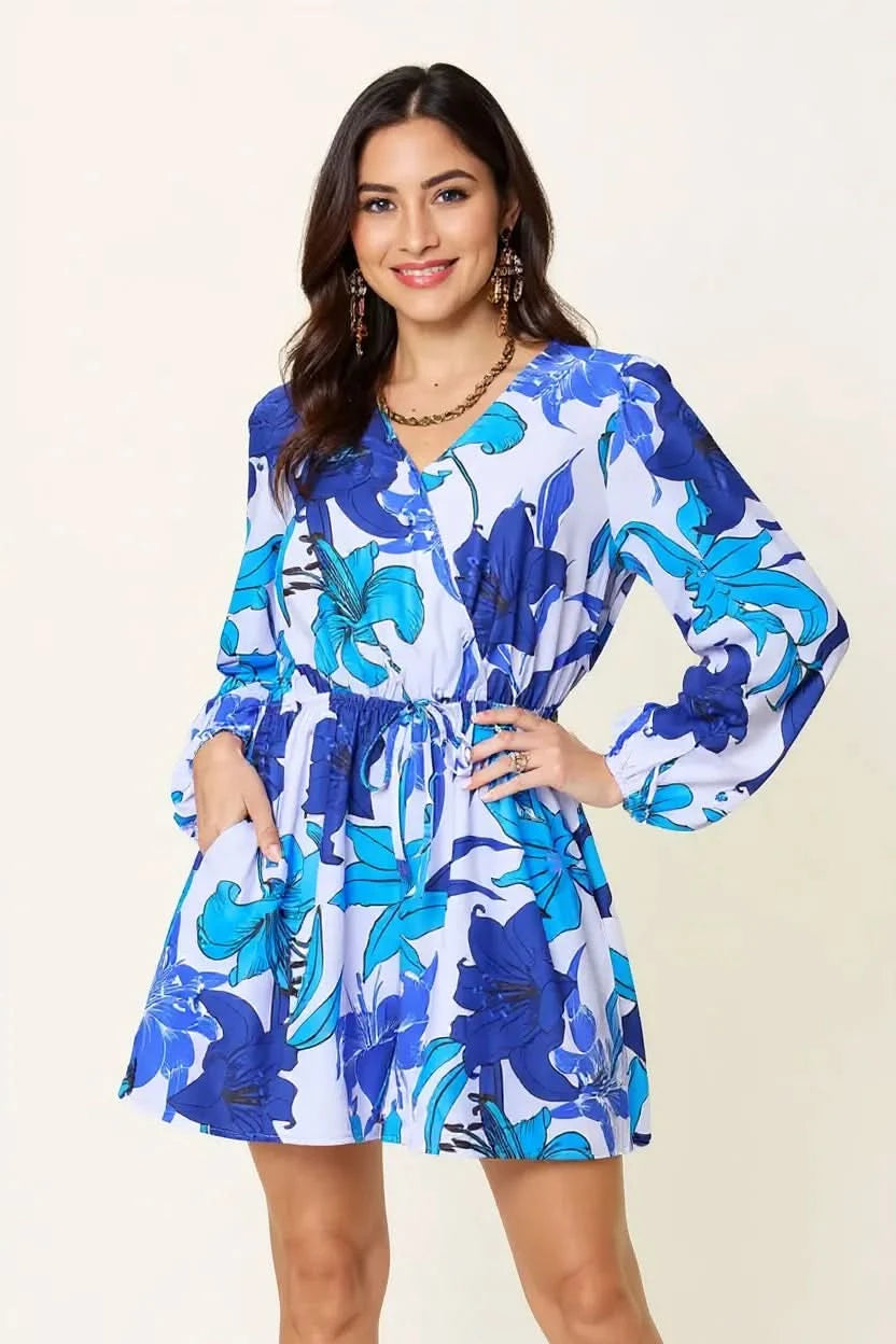 Double Take Full Size Floral Long Sleeve Romper with Pockets - ShalayeFashion