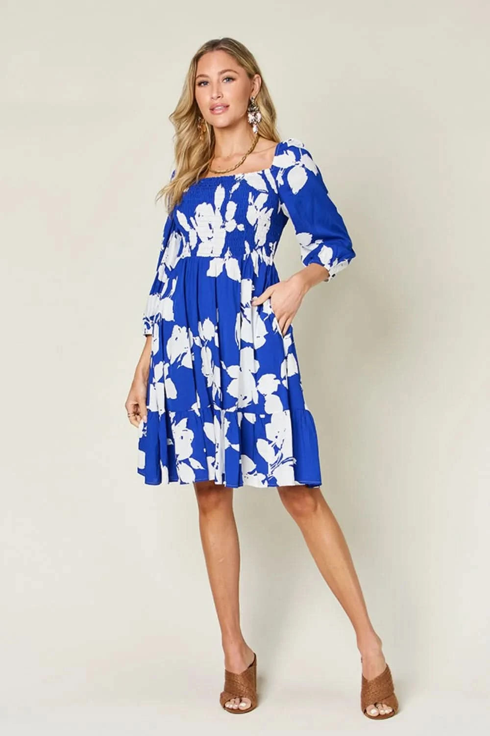 Double Take Full Size Floral Ruffle Hem Smocked Dress with Pockets - ShalayeFashion